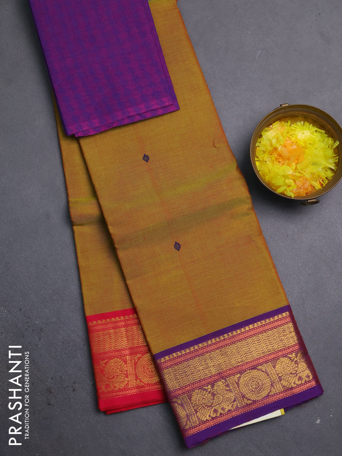 Chettinad cotton saree dual shade of light green and violet with thread woven buttas and zari woven border
