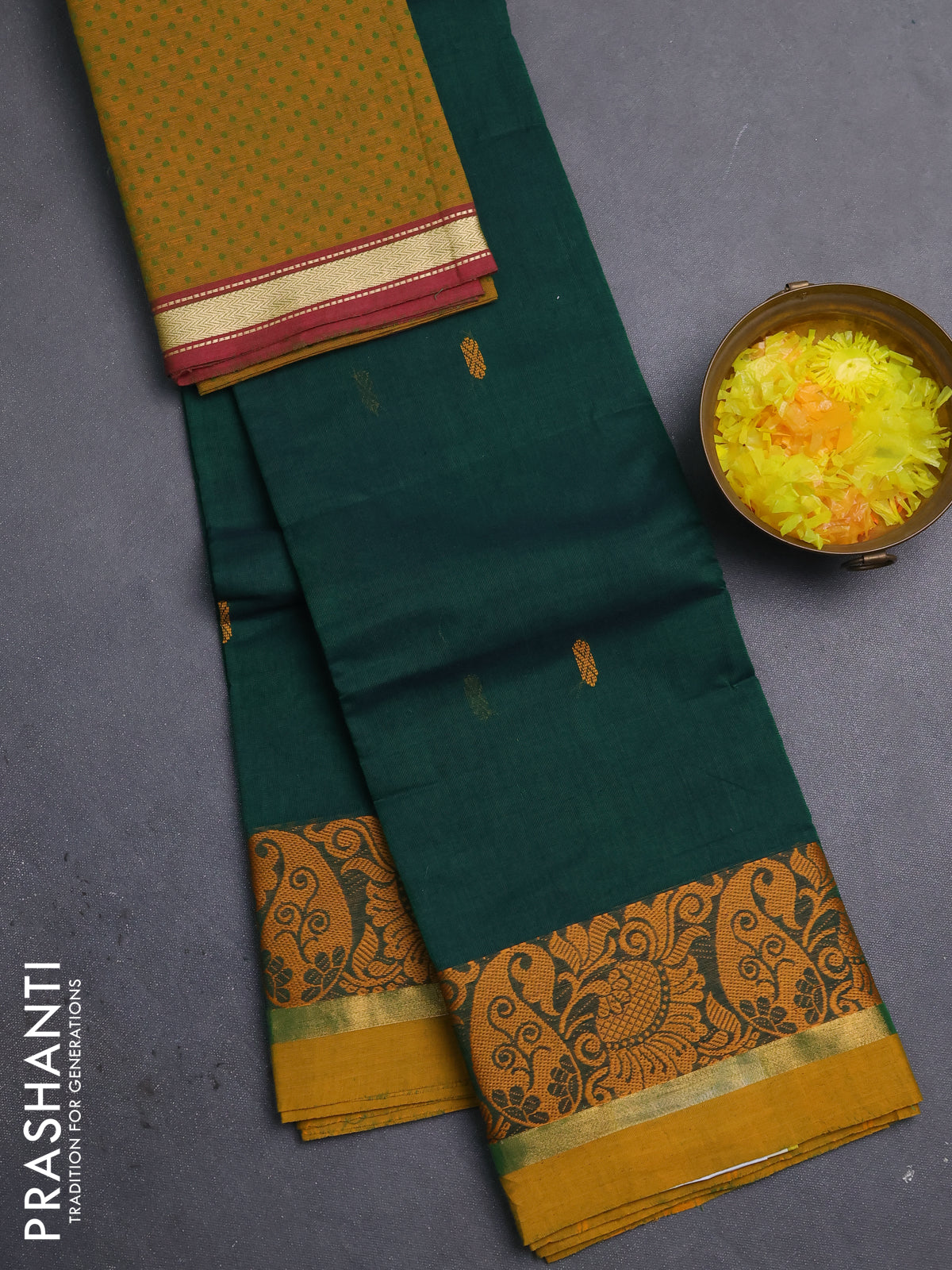 Chettinad cotton saree bottle green and mustard yellow with thread woven buttas and thread woven simple border
