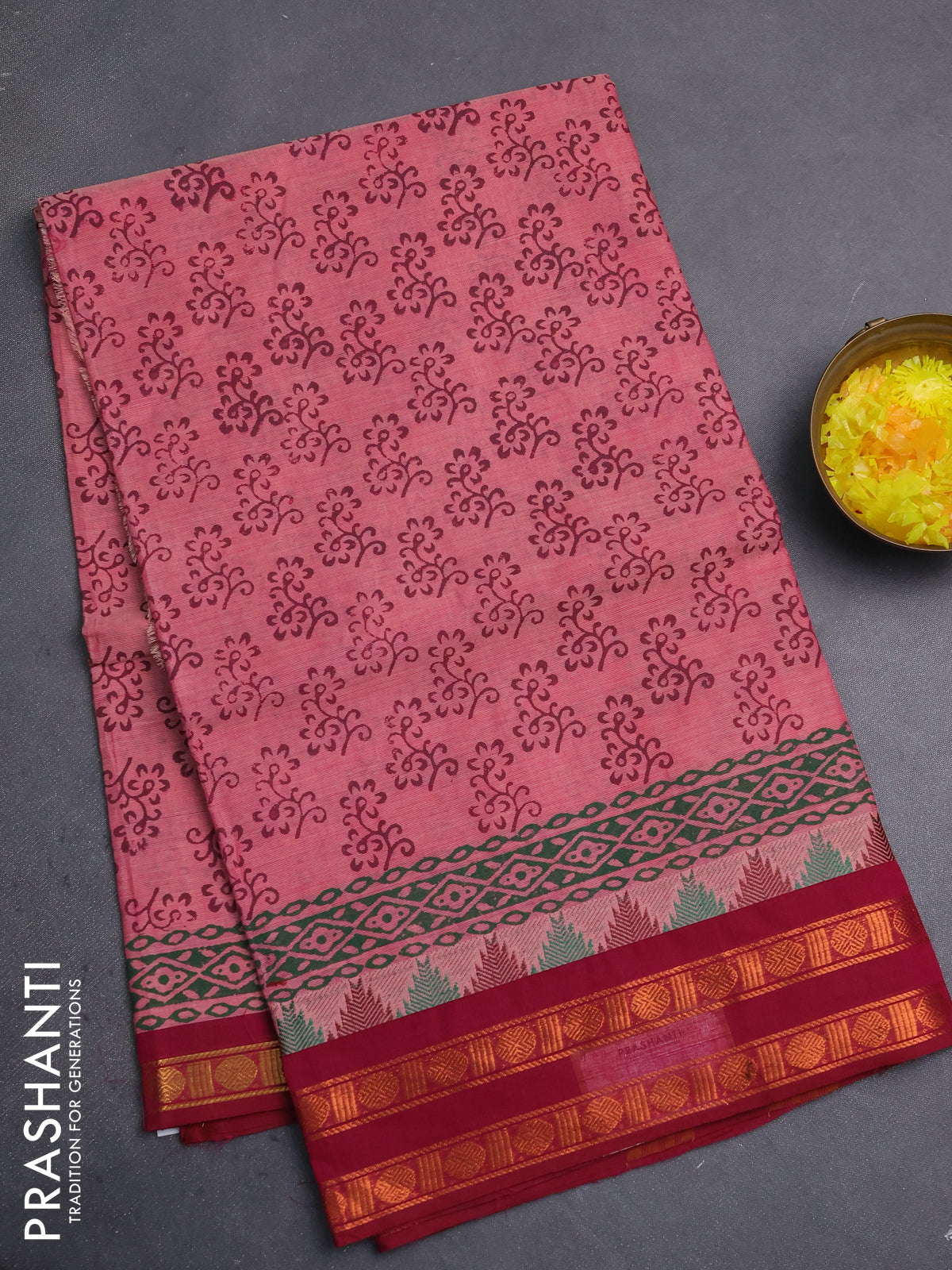 Chettinad cotton saree pink shade and wine shade with allover butta prints and zari woven border