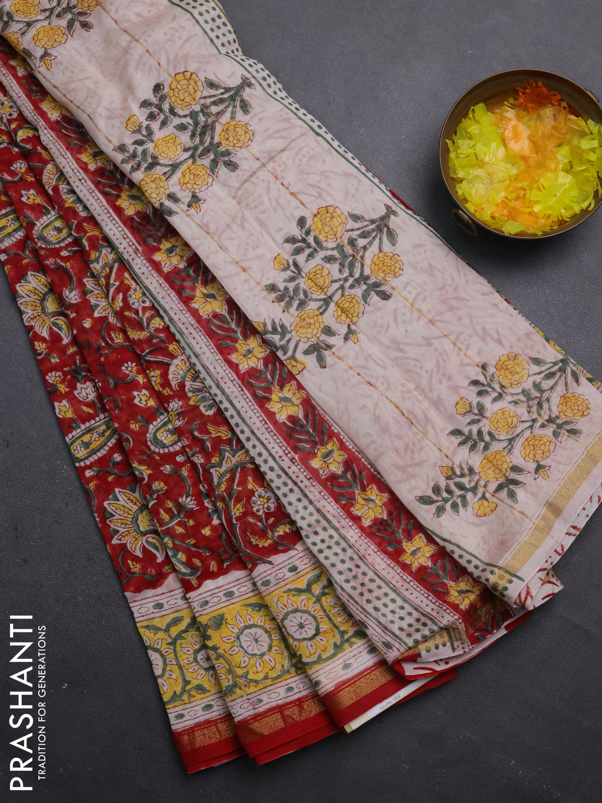 Chanderi bagru saree red and beige with allover kalamkari prints and small zari woven border