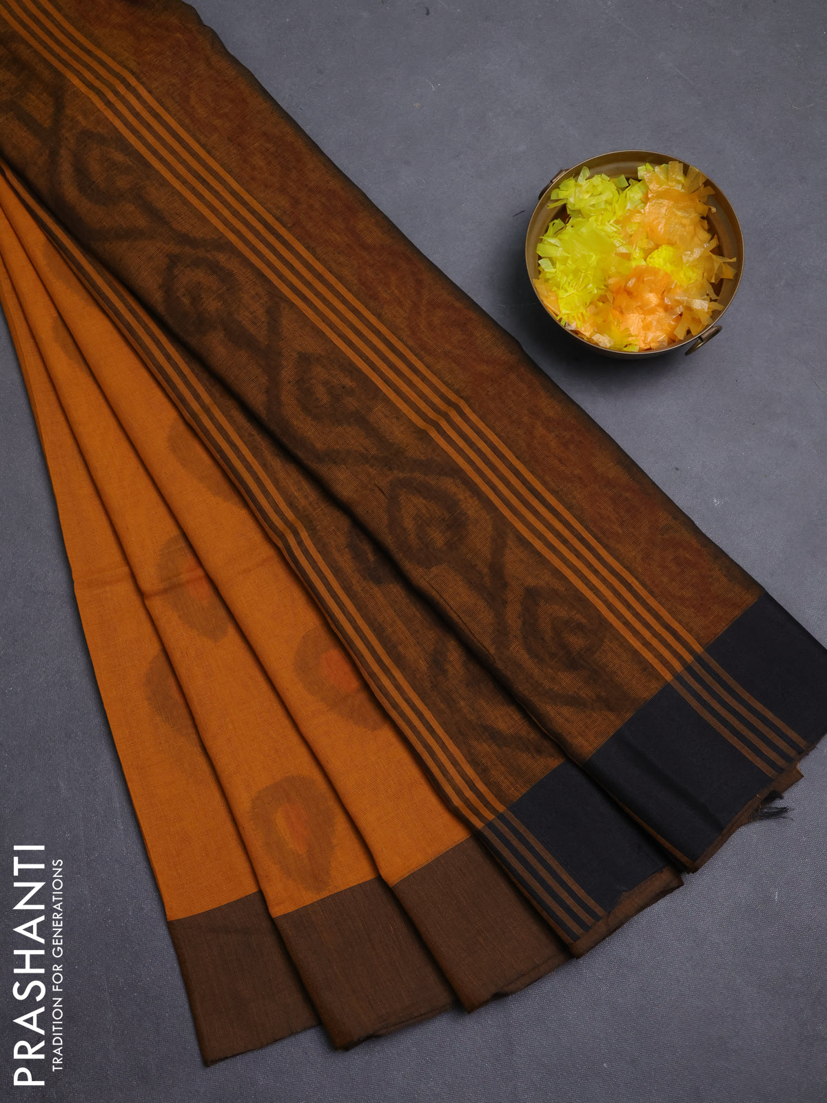 Bengal soft cotton saree dark mustard and black with allover weaves and simple border