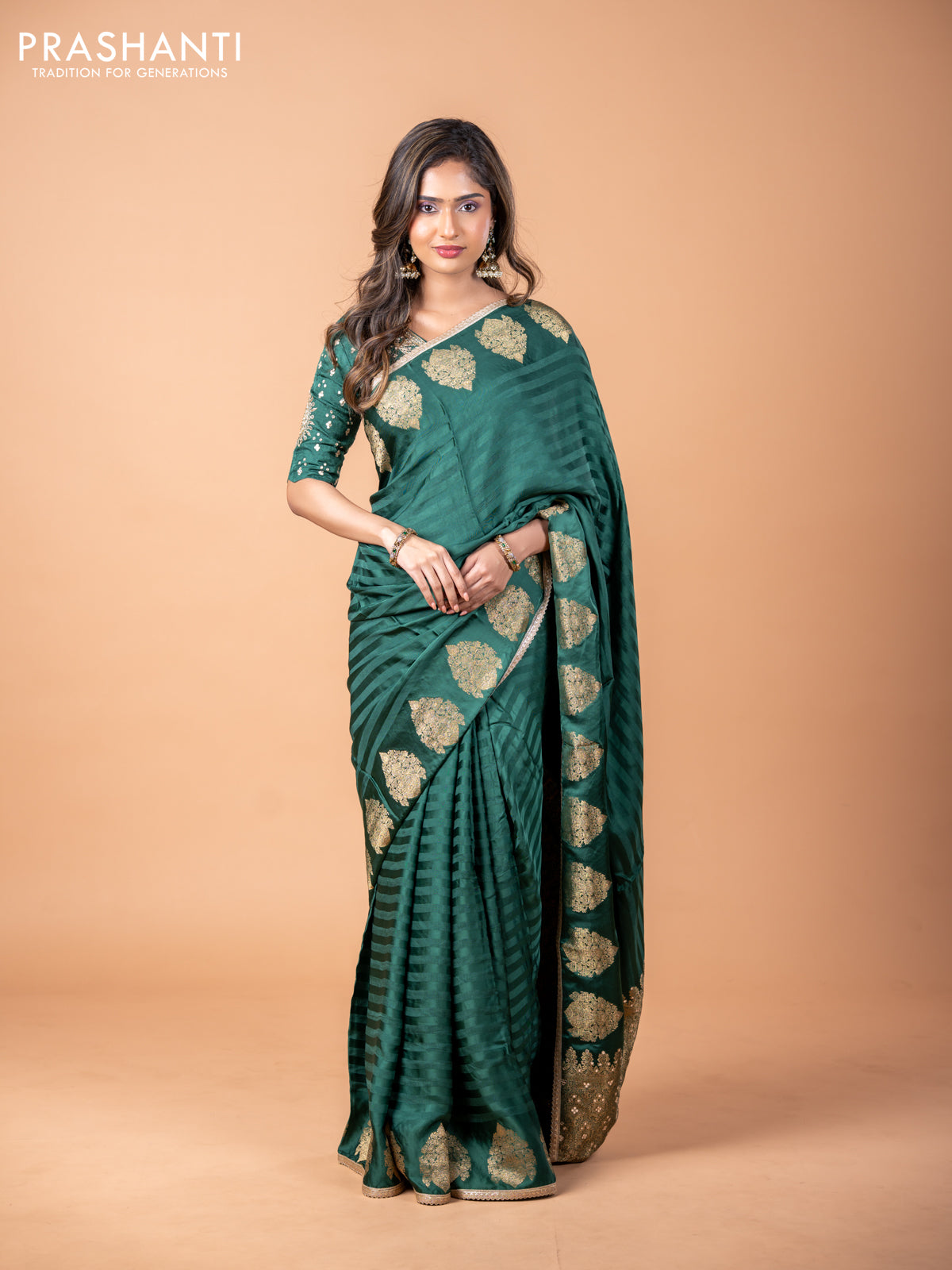Banarasi crepe saree green with stripes pattern and mirror work & banarasi style border