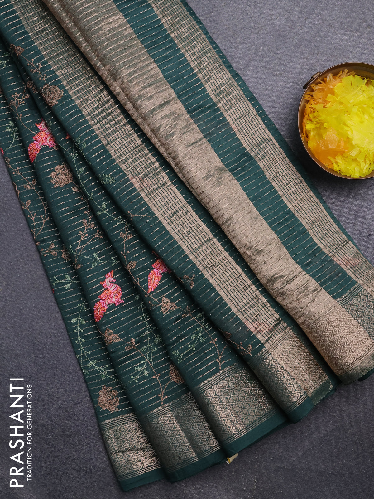 Assam silk saree green with allover zari weaves & embroidery work and zari woven border