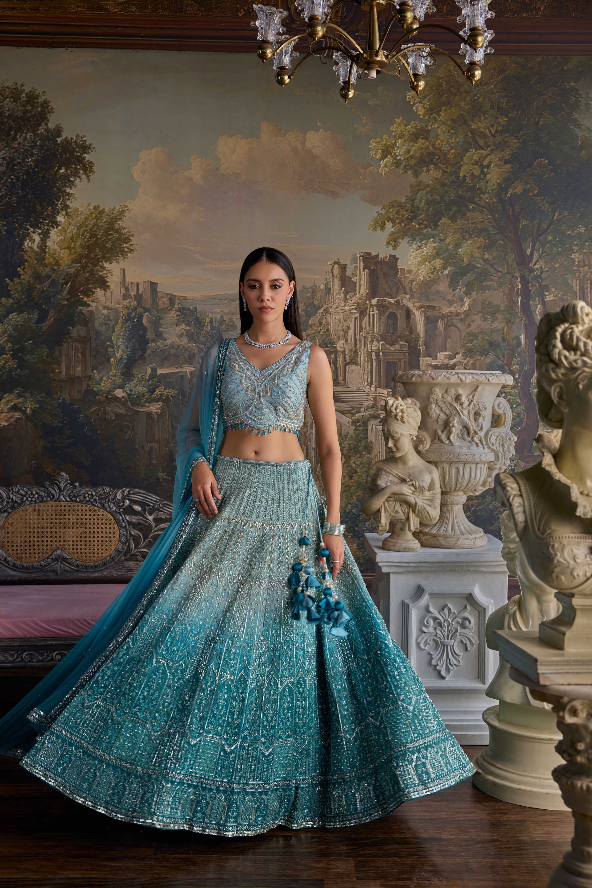 Ferozi Tissue Heavy Stone Work Ghagra Set