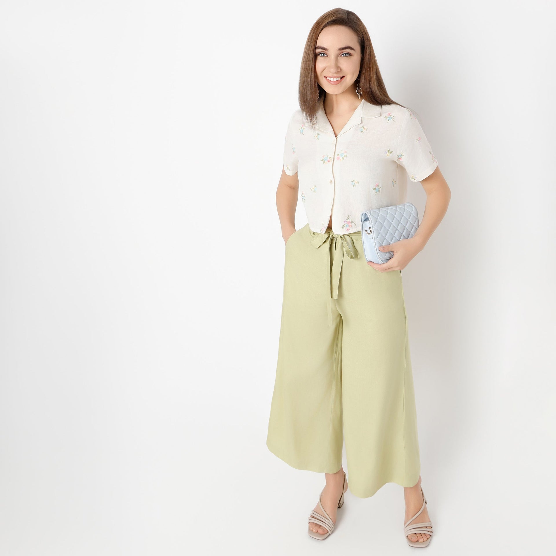 Camp Collar Short Sleeve Relaxed Fit Embroidered Crop Top