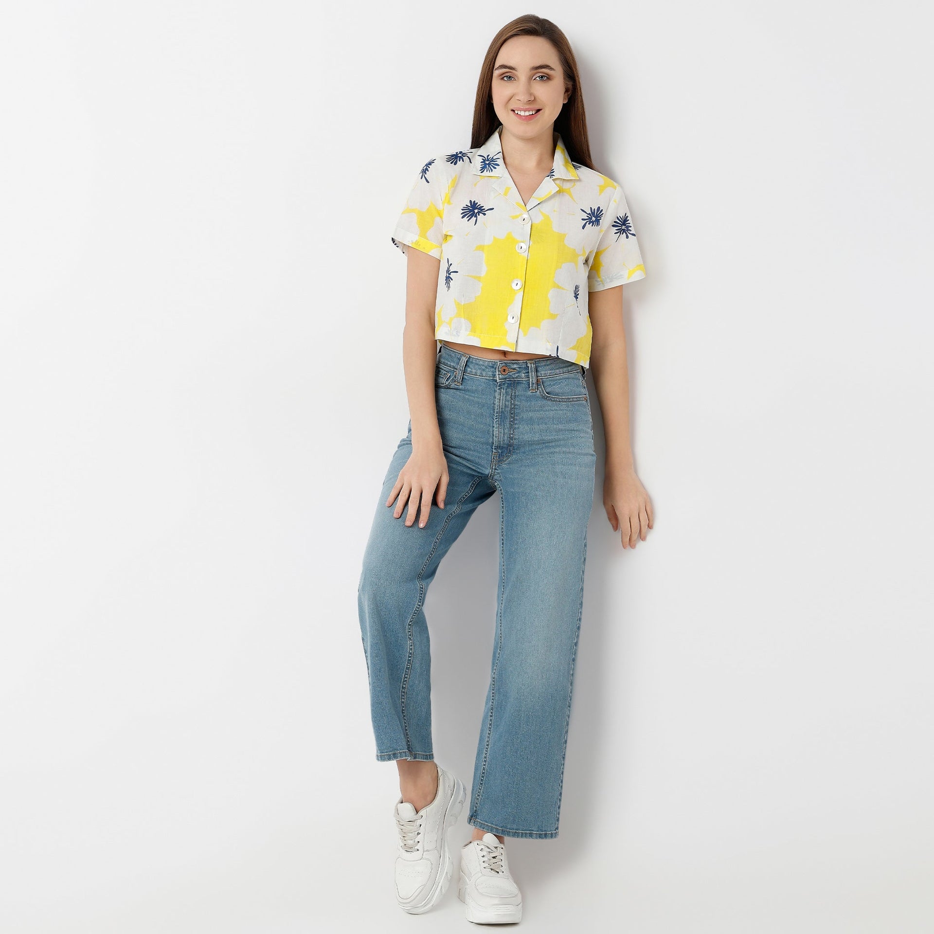 Camp Collar Short Sleeve Straight Cut Printed Crop Shirt