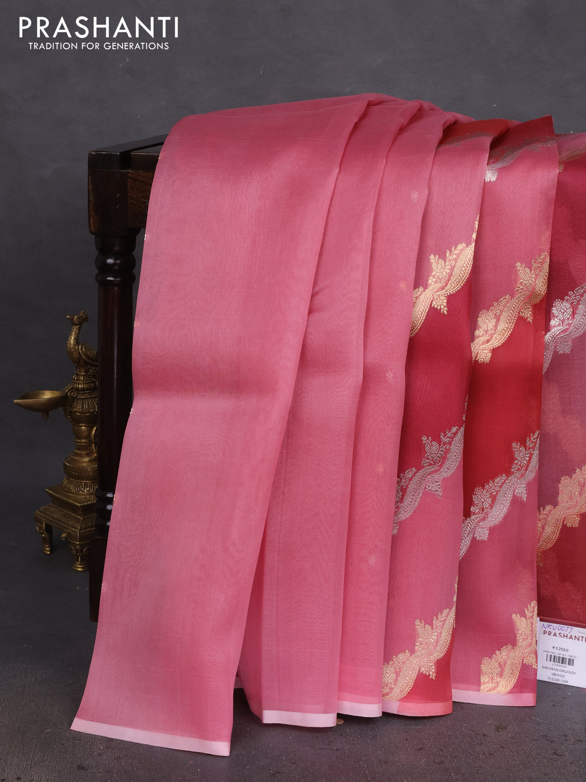 Banarasi organza silk saree pastel pink and maroon with allover silver & gold zari weaves in borderless style