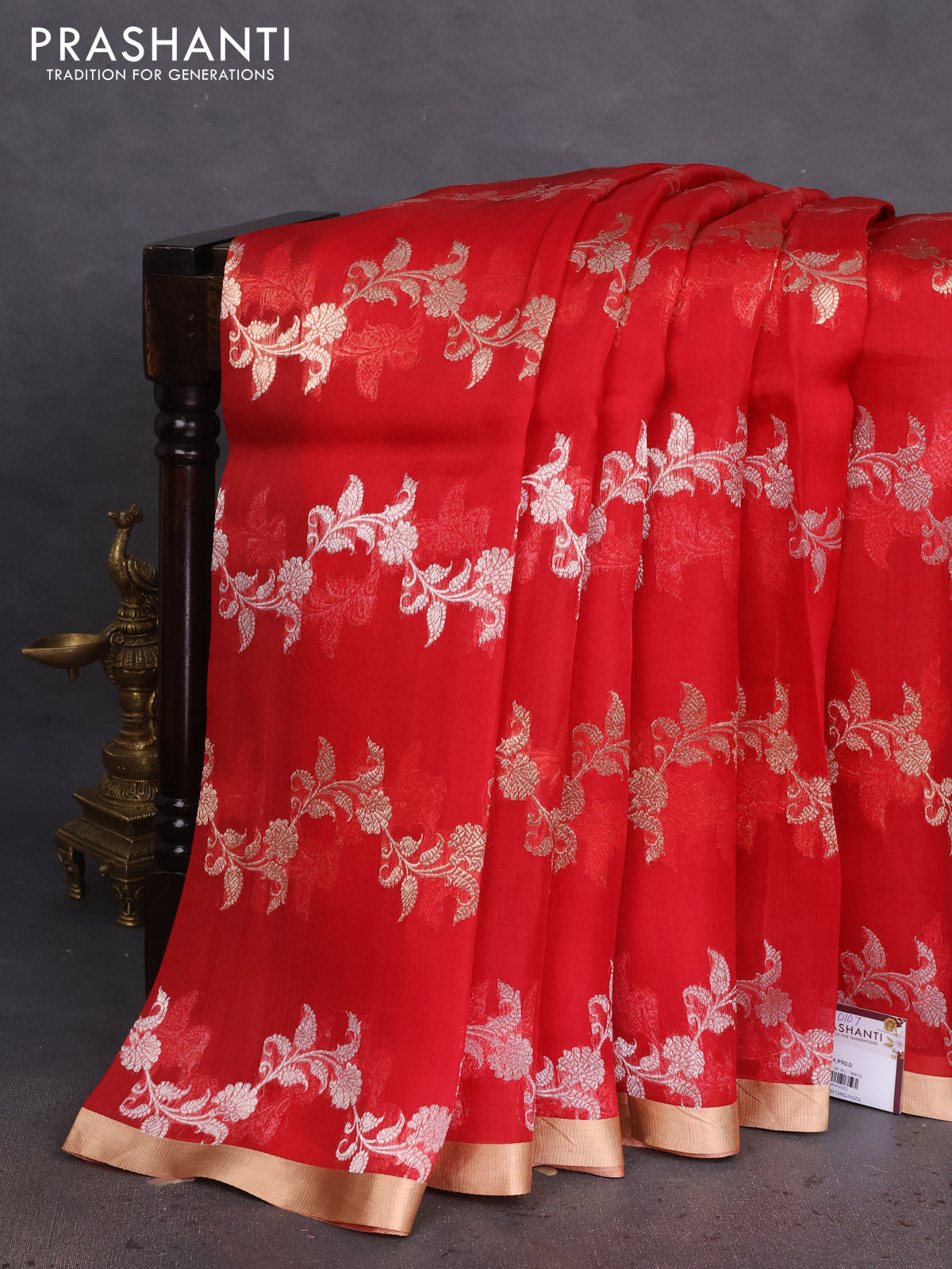 Banarasi organza silk saree maroon with allover silver & gold zari weaves and zari woven border