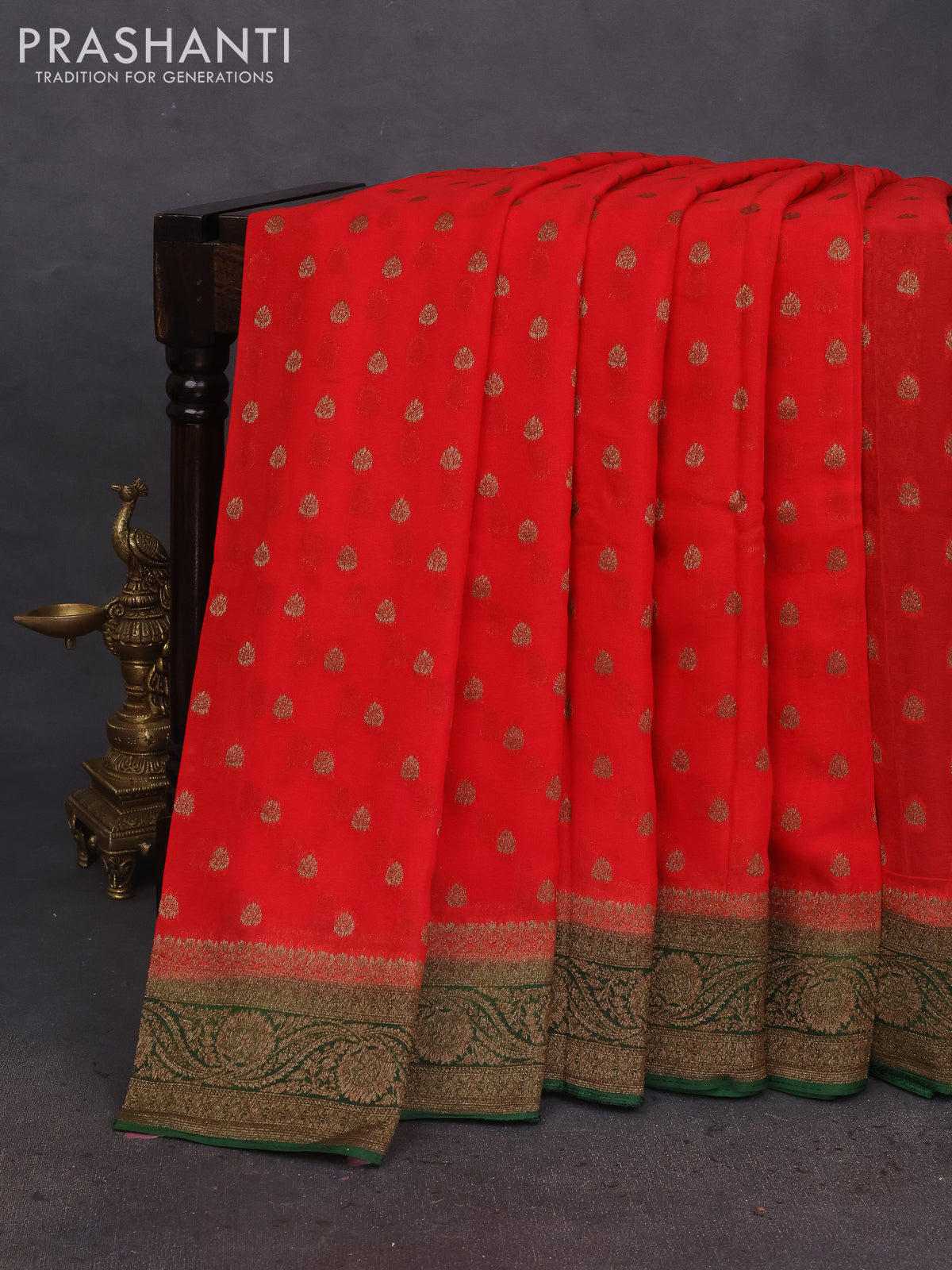 Banarasi semi georgette saree red and green with allover thread & zari woven buttas and woven border