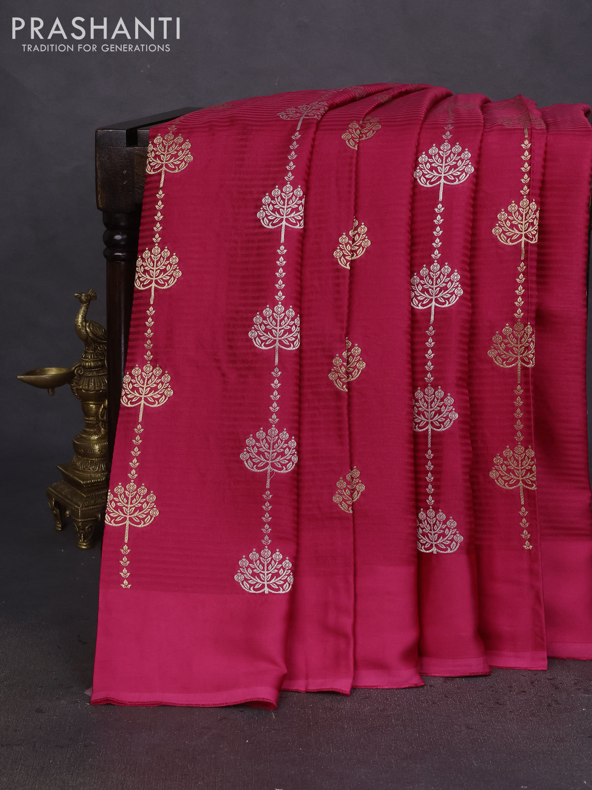 Banarasi mushru silk saree pink with allover stripes pattern & zari buttas and satin border