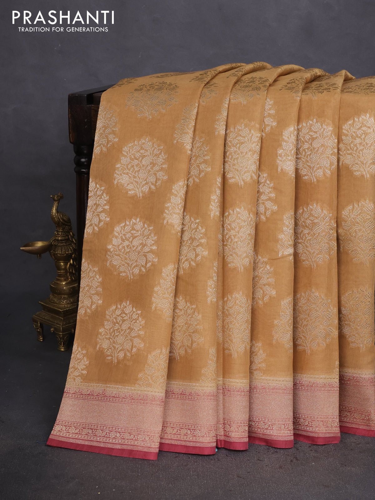Banarasi tissue silk cotton saree sandal and pastel maroon with allover thread & zari woven butta weaves and woven border