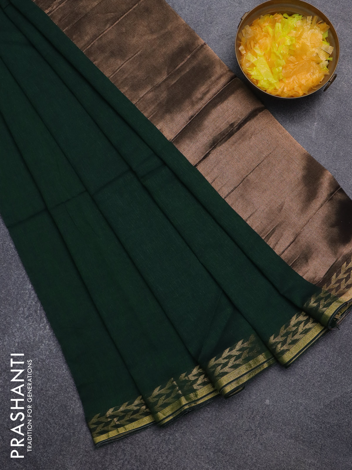 Bengal soft cotton saree green with plain body and zari woven border