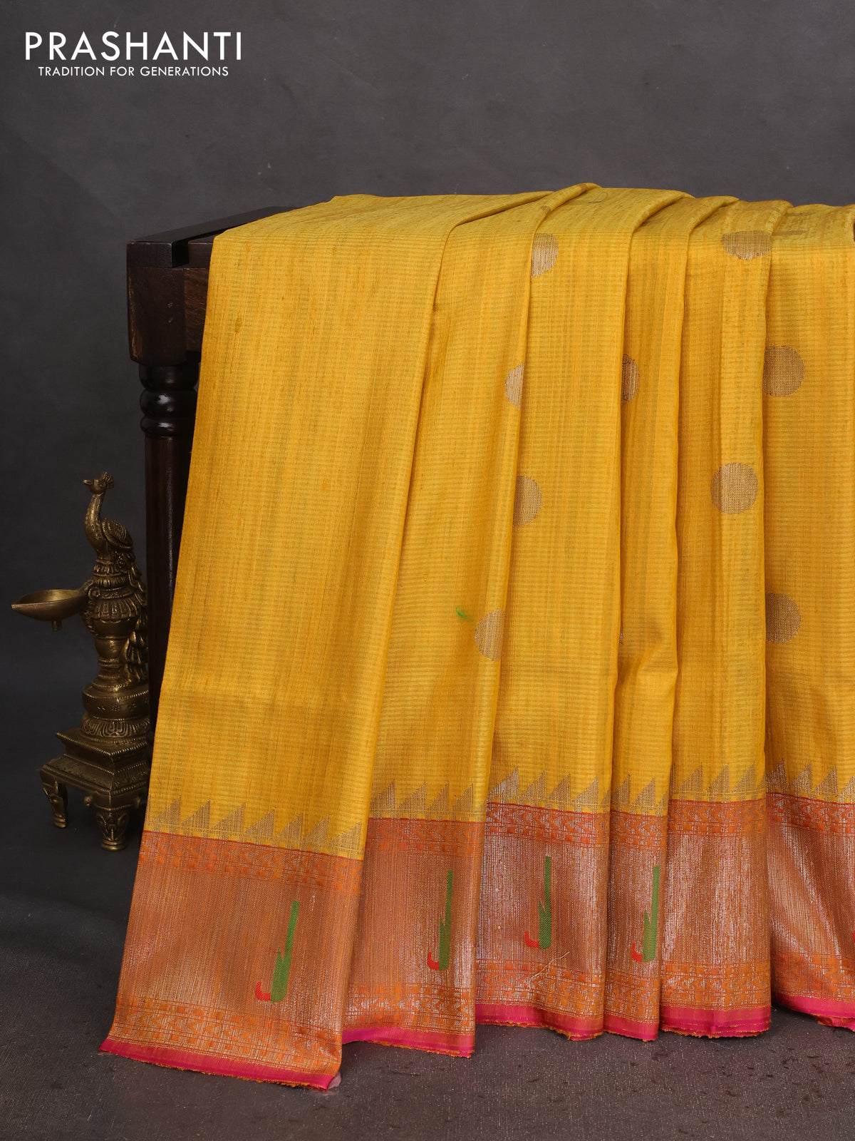 Banarasi handloom dupion silk saree mustard yellow and pink with woven coin buttas and zari woven muniya butta border