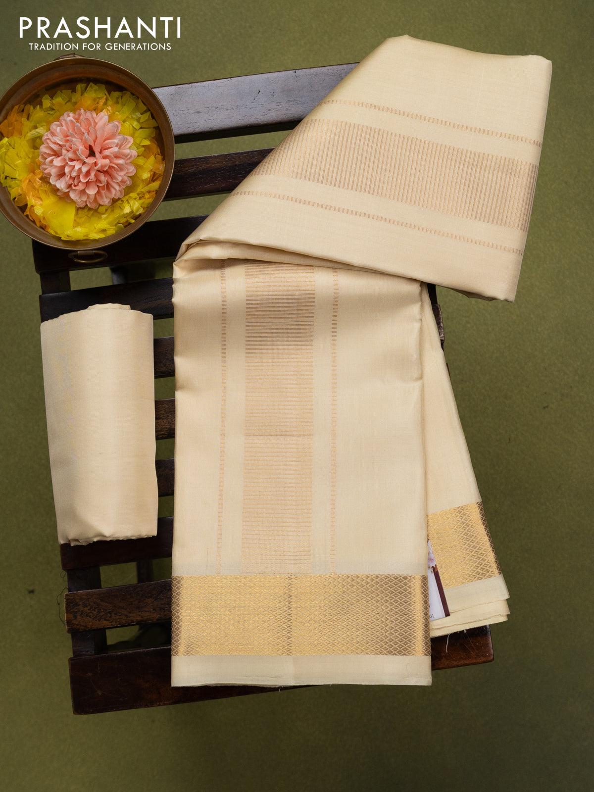 9x5 Pure silk dhoti and matching shirt bit cream with zari woven border