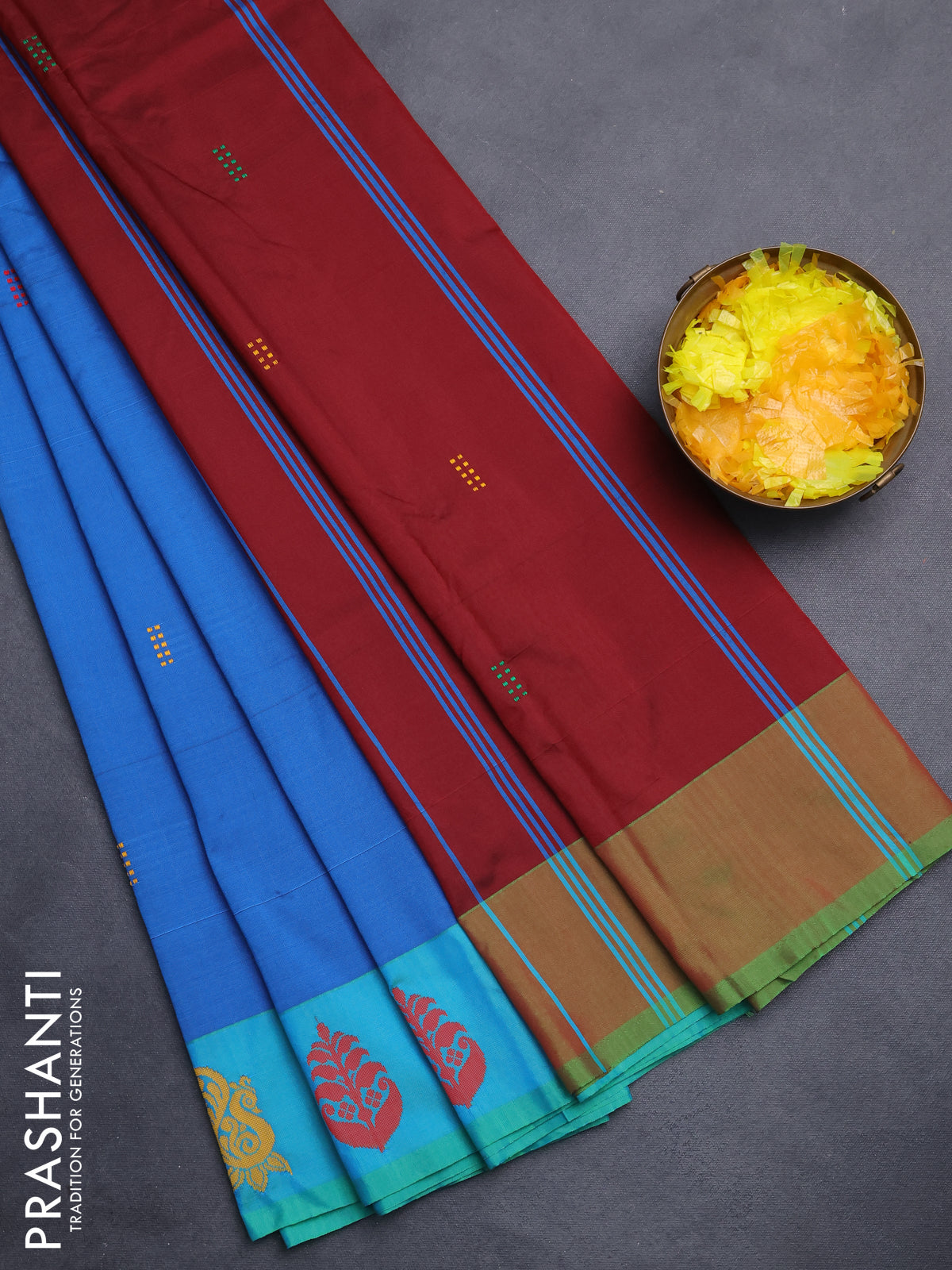 Arani semi silk saree cs blue and maroon with thread woven buttas and thread woven butta border