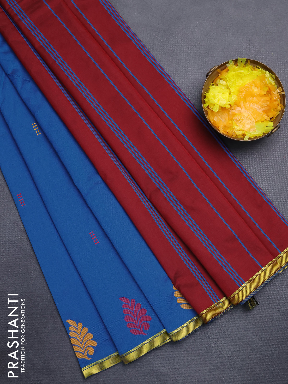 Arani semi silk saree cs blue and maroon with thread woven buttas and piping border