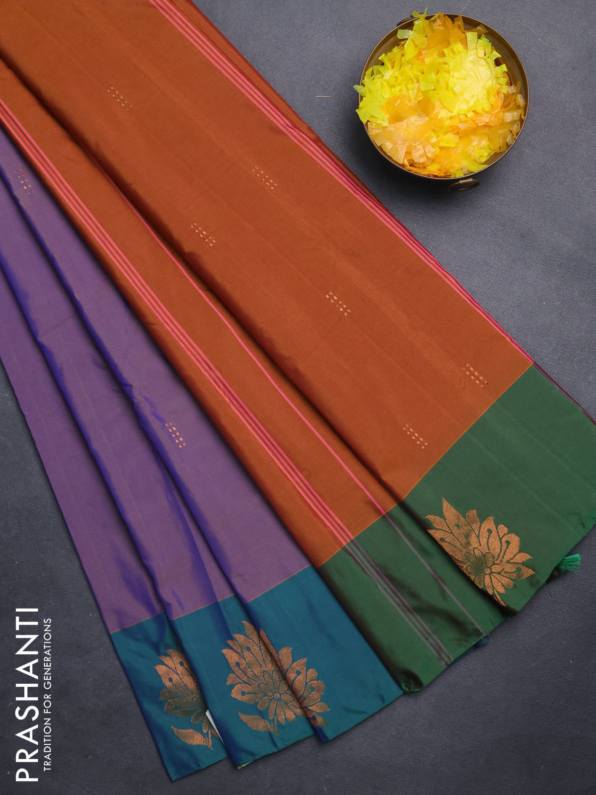 Arani semi silk saree violet and dual shade of green with copper zari woven buttas and zari woven butta border