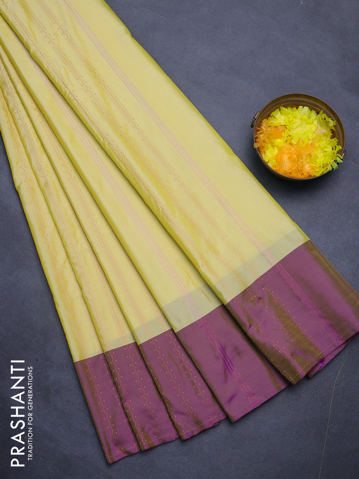 Arani semi silk saree pale yellow and purple with allover copper zari weaves and zari woven border