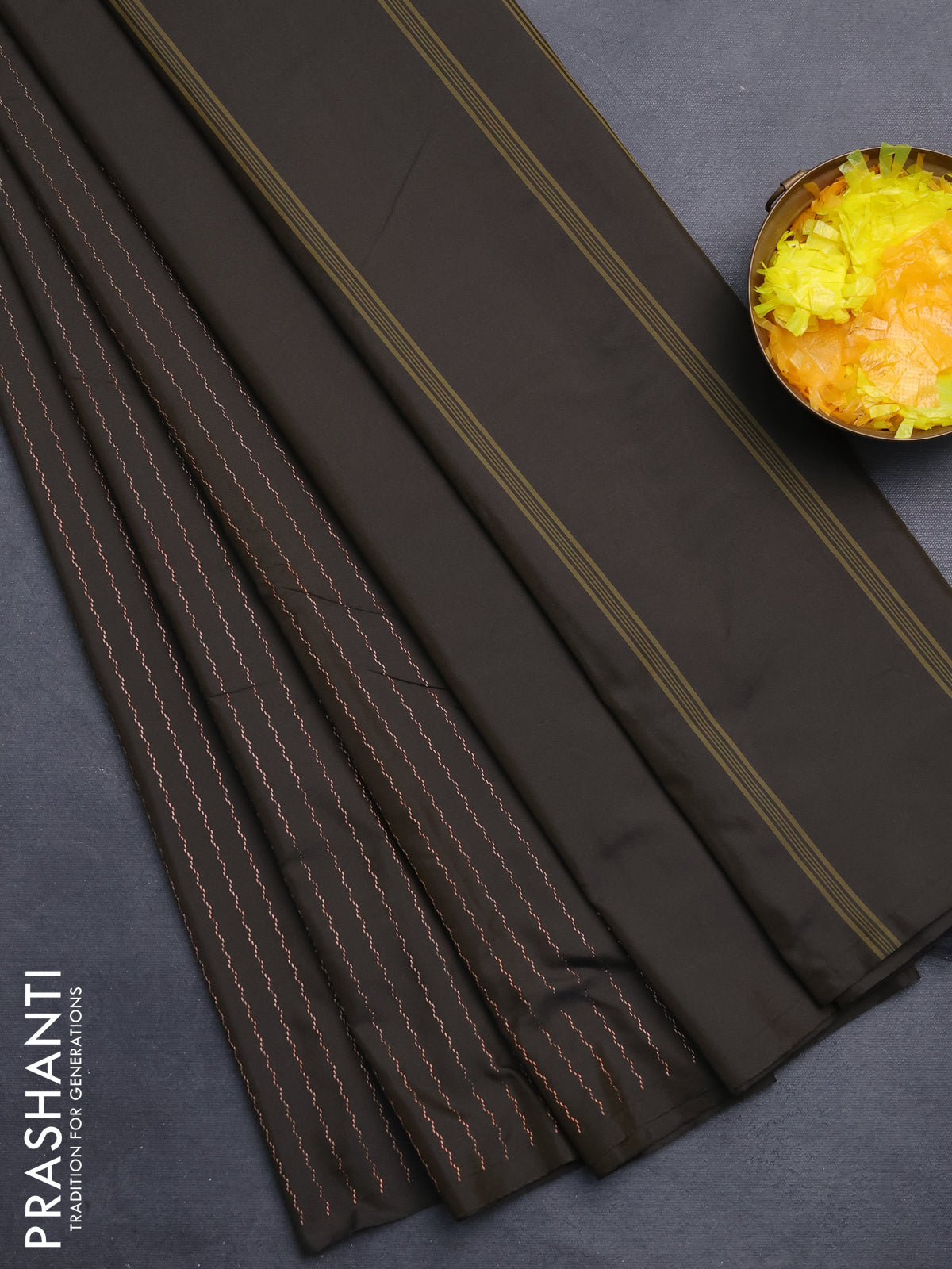 Arani semi silk saree deep coffee brown with allover copper zari weaves in borderless style
