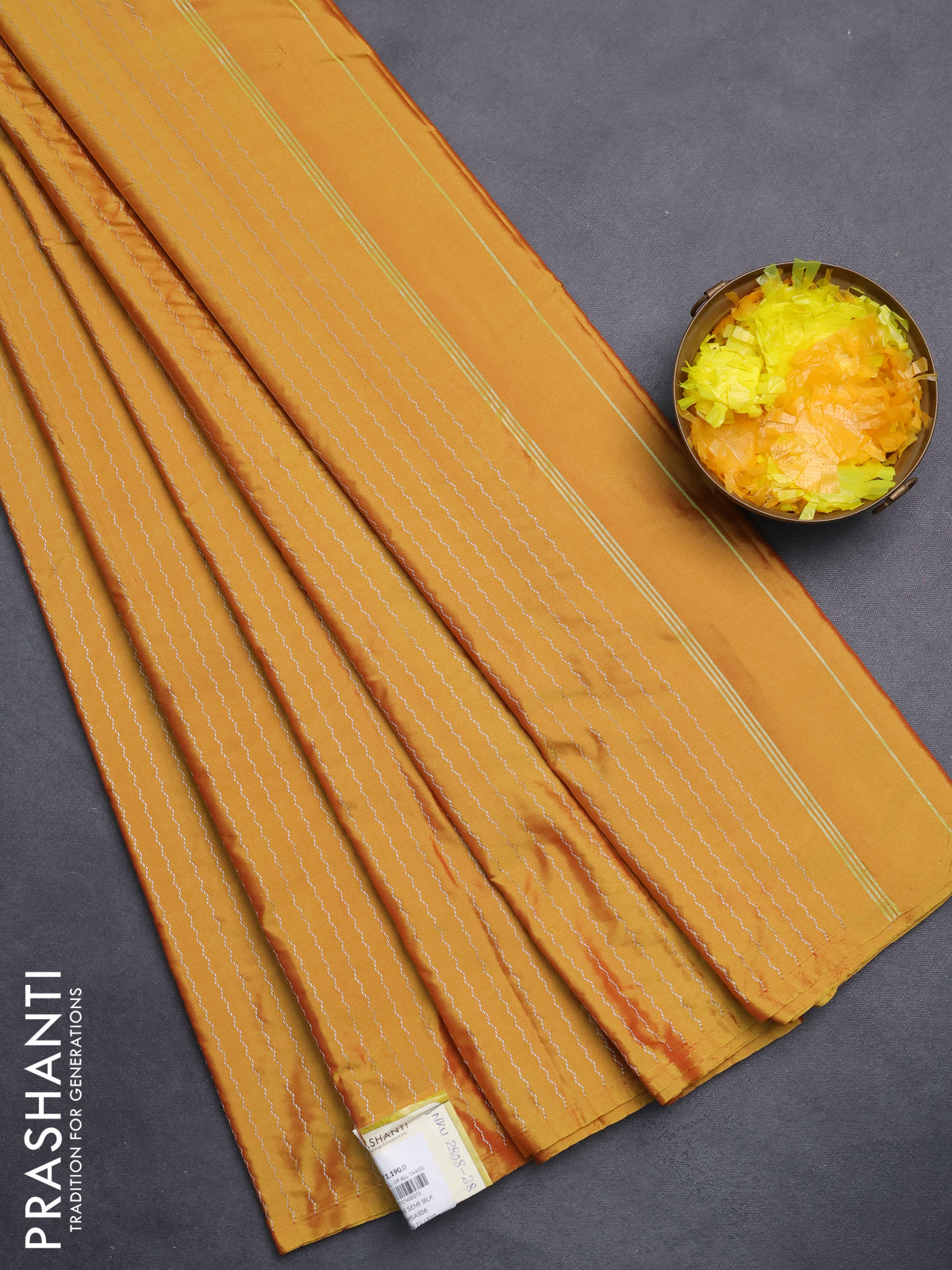 Arani semi silk saree mustard yellow with allover silver zari weaves in borderless style