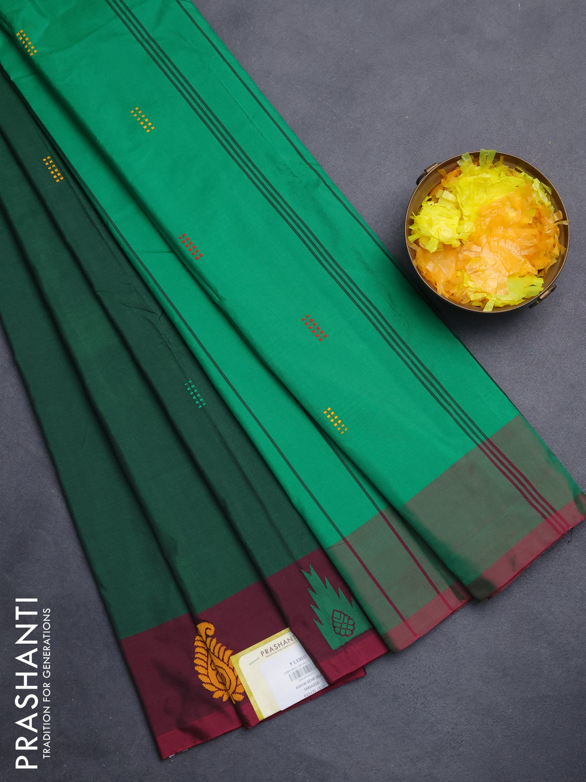 Arani semi silk saree green and dark magenat pink with thread woven buttas and thread woven butta border