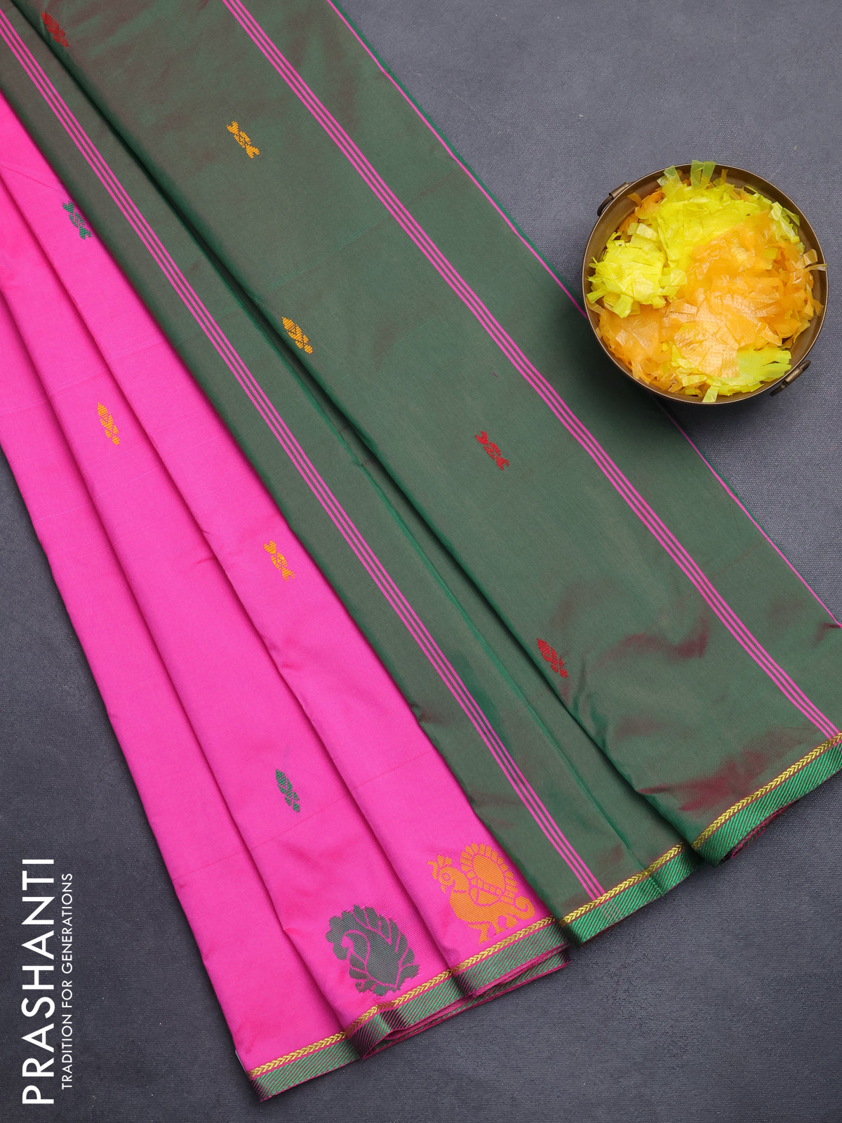 Arani semi silk saree pink and dual shade of green with thread woven buttas and thread woven butta border