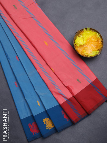 Arani semi silk saree blue shade and dual shade of maroon with thread woven buttas and thread woven butta border