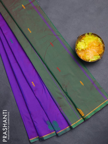 Arani semi silk saree deep purple and dual shade of green with thread woven buttas and thread woven butta border