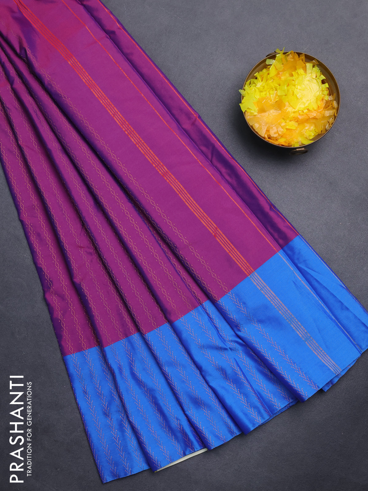 Arani semi silk saree purple and cs blue with allover copper zari weaves and copper zari woven border