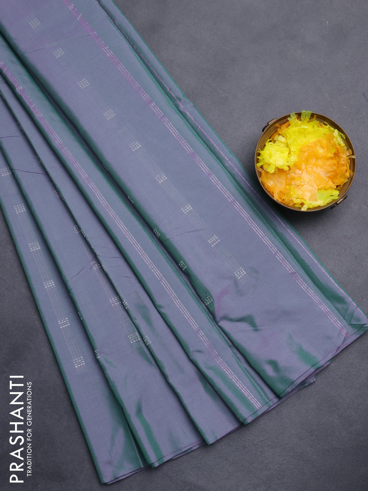 Arani semi silk saree dual shade of greenish purple with silver zari woven buttas in borderless style