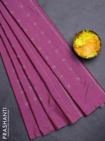 Arani semi silk saree dark pink with silver zari woven buttas in borderless style