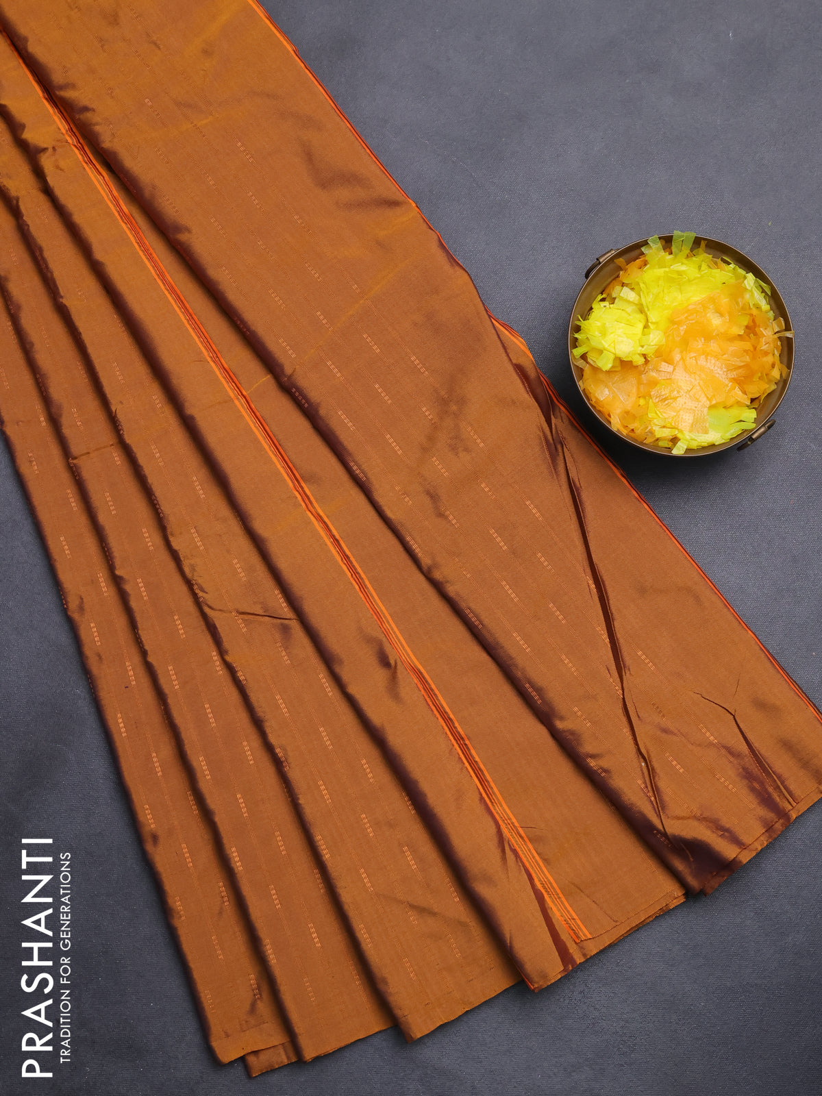 Arani semi silk saree dark mustard with zari woven buttas in borderless style