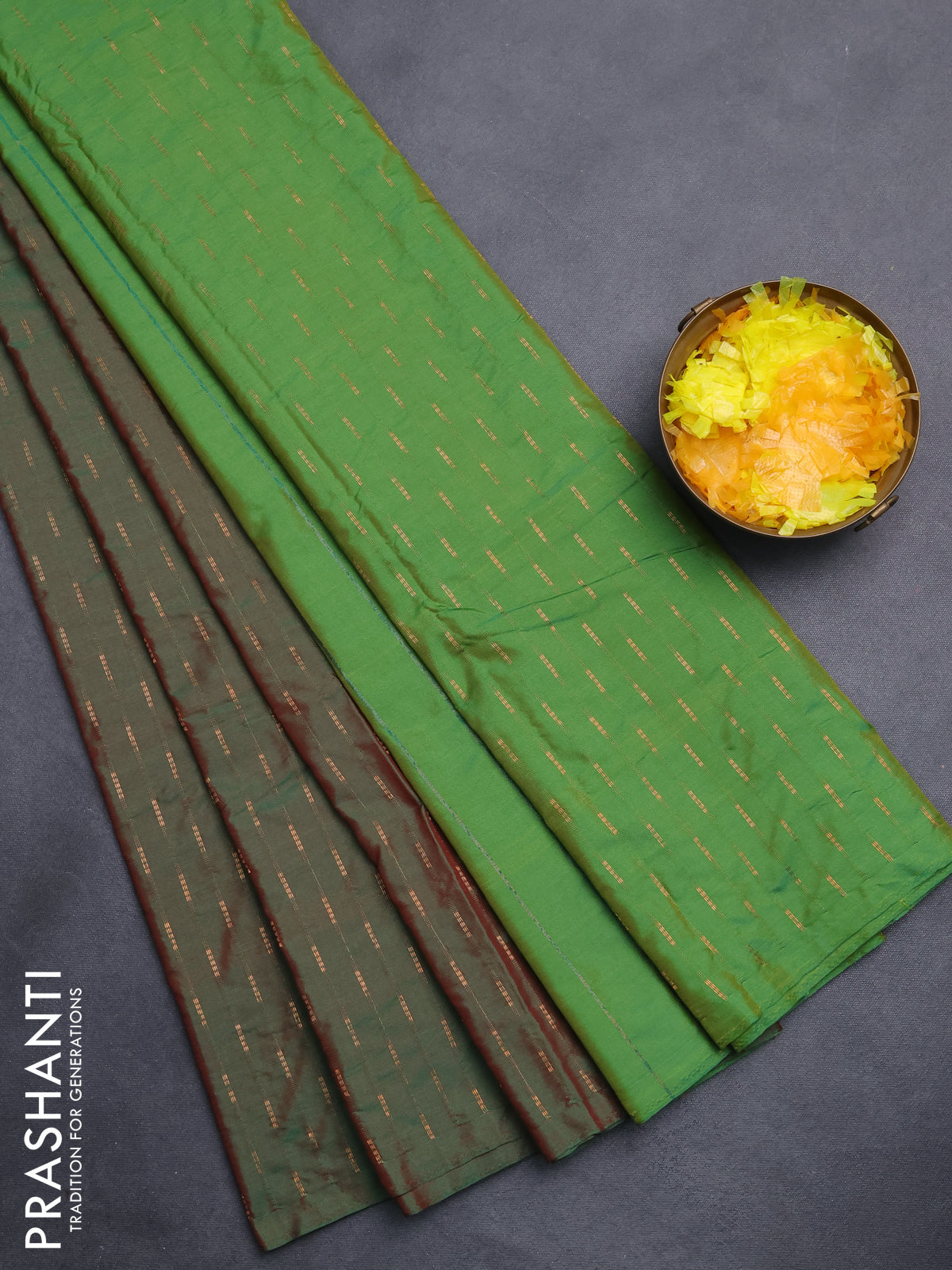 Arani semi silk saree dual shade of green with zari woven buttas in borderless style
