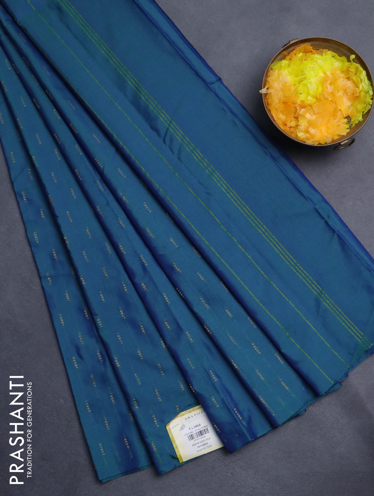 Arani semi silk saree dual shade of bluish green with zari woven buttas in borderless style