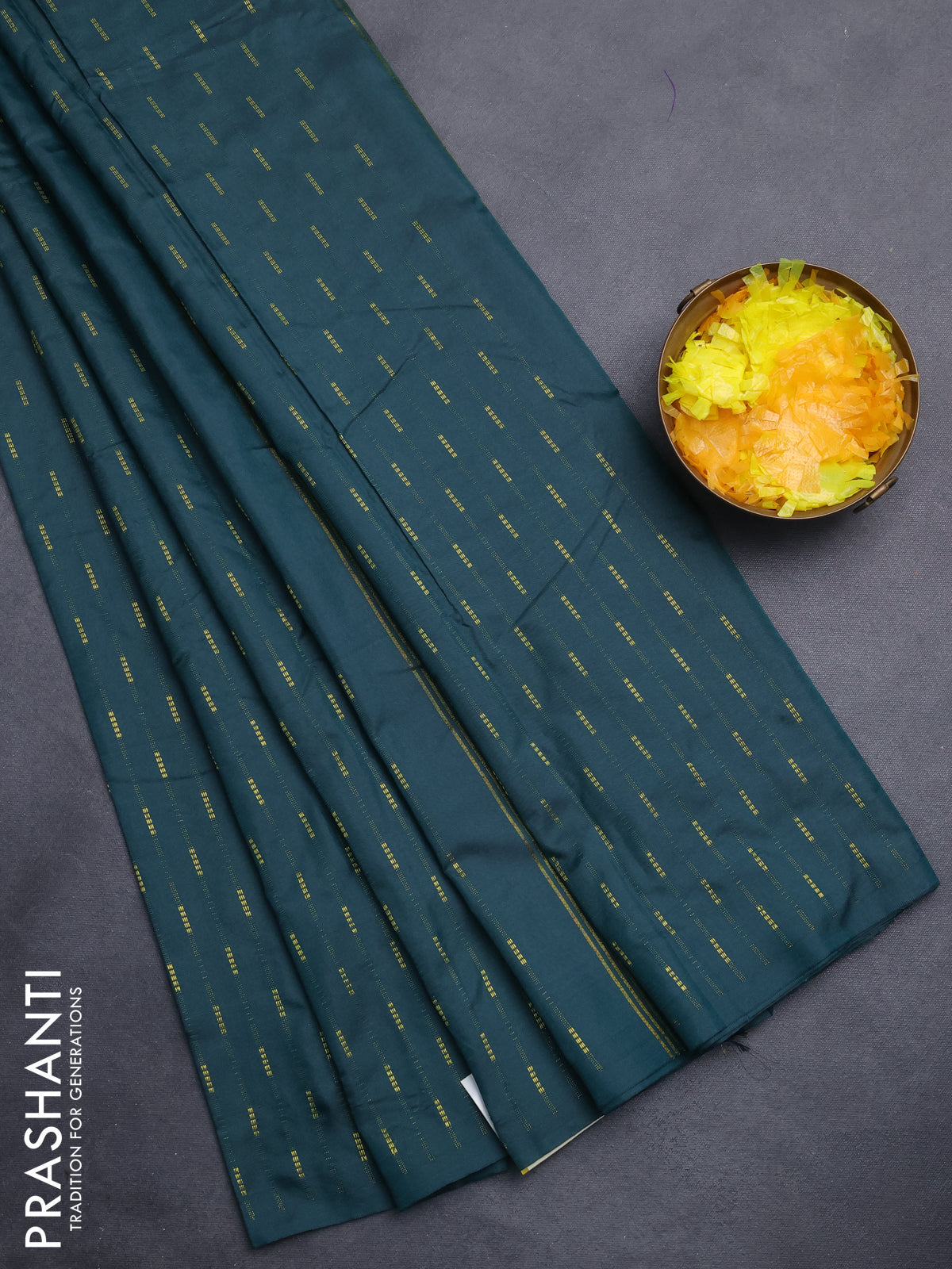 Arani semi silk saree peacock green with zari woven buttas in borderless style
