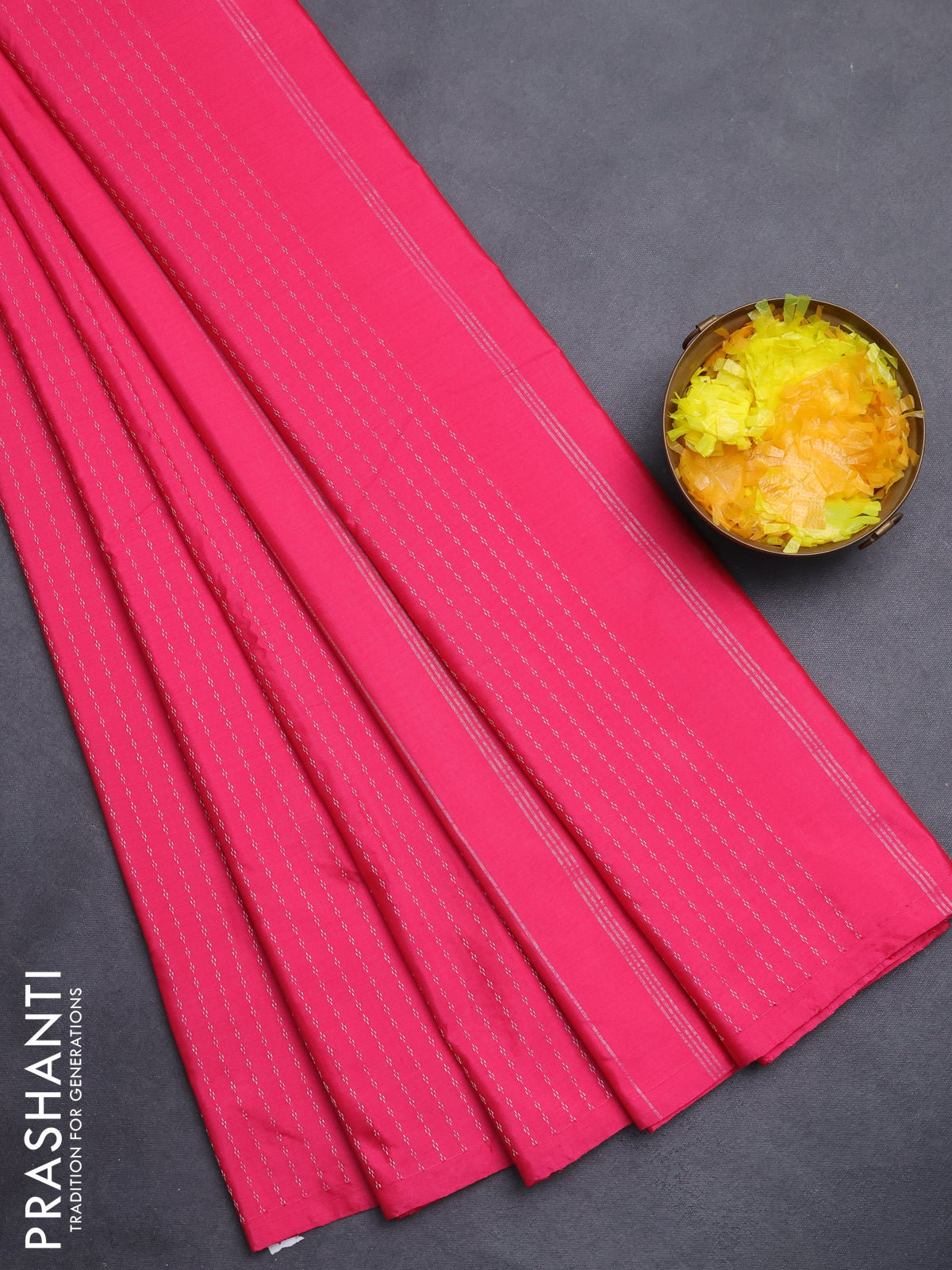 Arani semi silk saree pink with allover silver zari weaves in borderless style