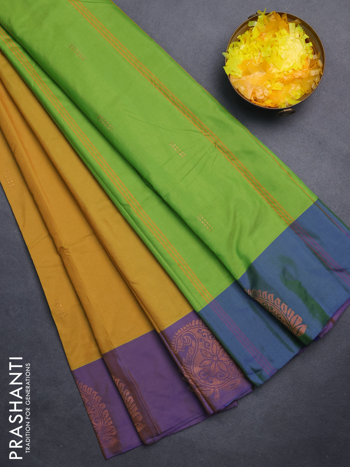Arani semi silk saree yellow and violet with zari woven buttas and paisley zari woven butta border
