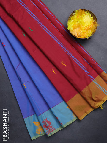 Arani semi silk saree dual shade of bluish maroon and teal blue with thread woven buttas and thread woven butta border