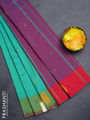 Arani semi silk saree teal green and pink with thread woven buttas and thread woven butta border