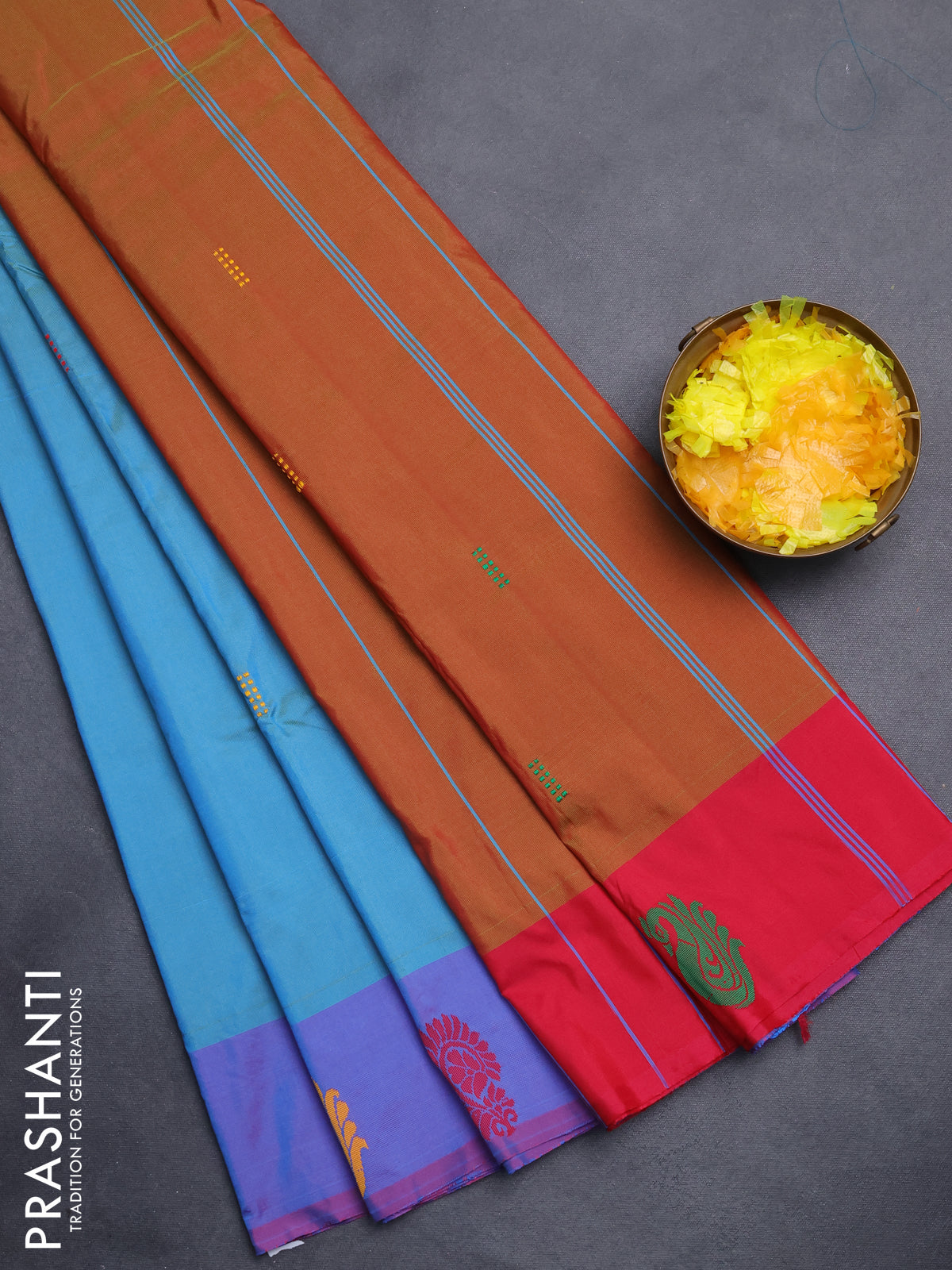 Arani semi silk saree dual shade of teal blue and pink with thread woven buttas and thread woven butta border