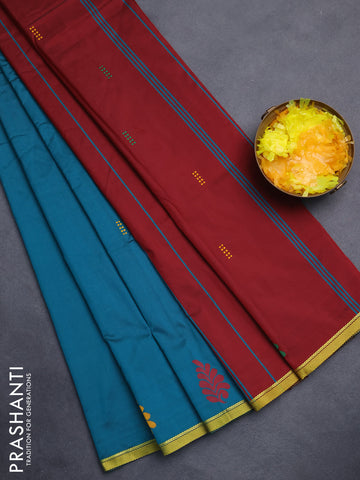 Arani semi silk saree peacock green and maroon with thread woven buttas and thread woven butta border