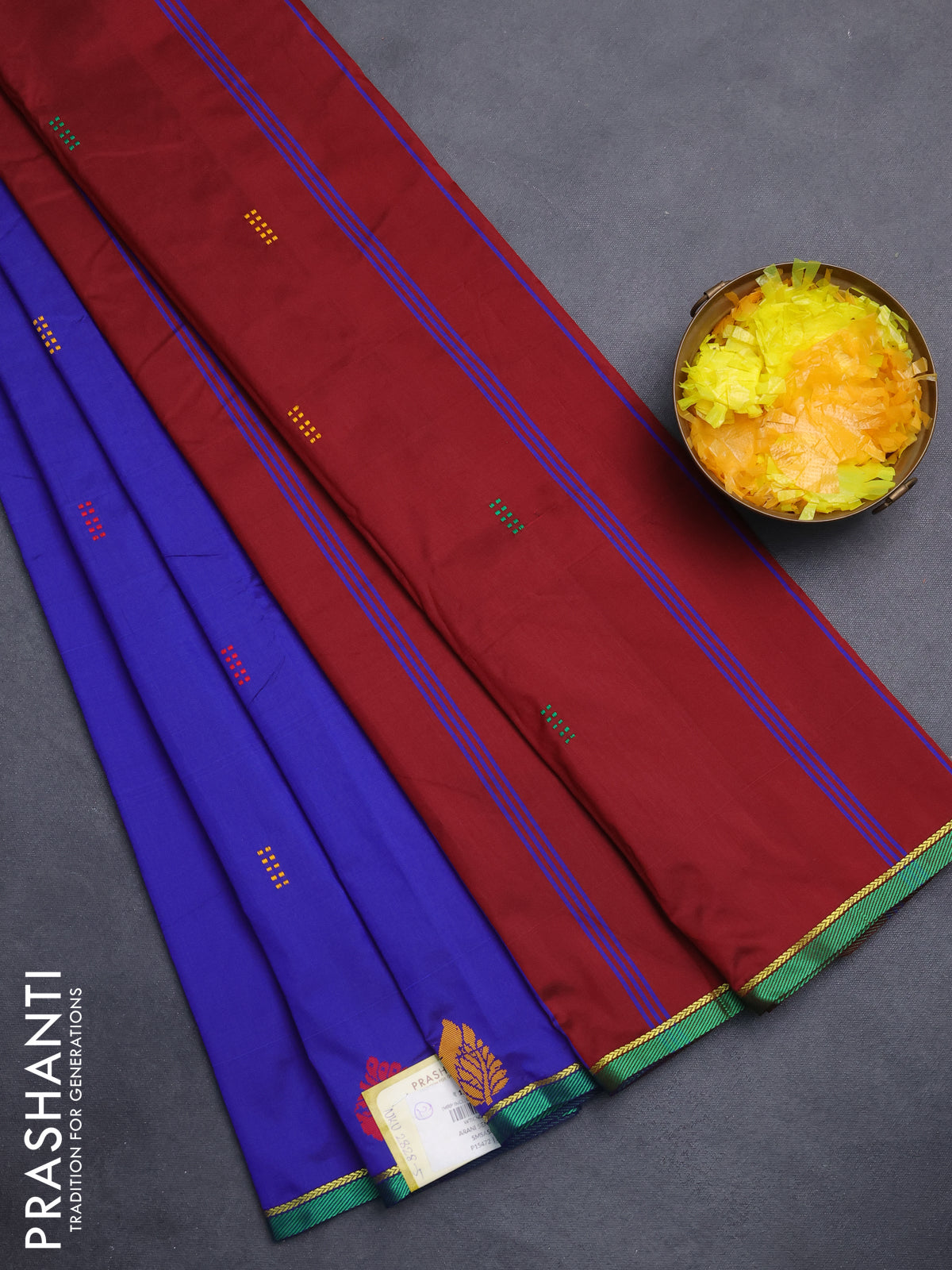 Arani semi silk saree blue and maroon with thread woven buttas and thread woven butta border