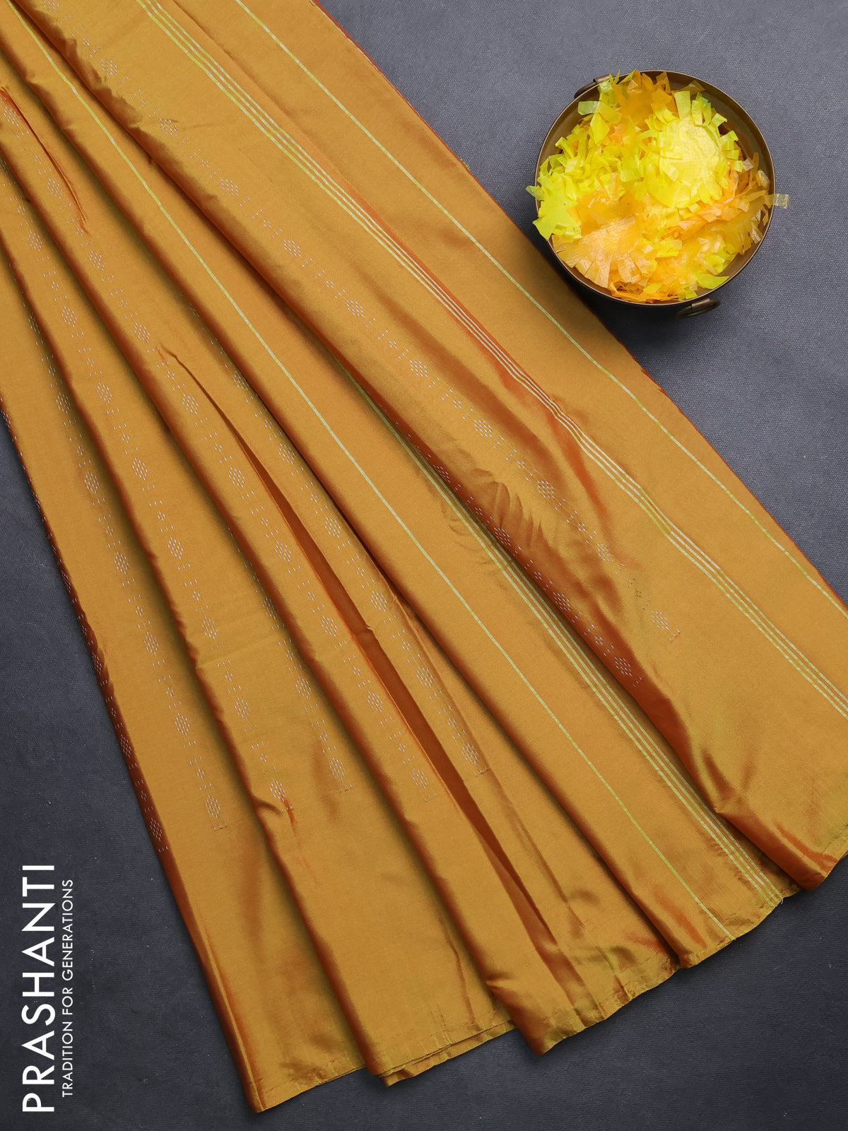 Arani semi silk saree mustard yellow with allover silver zari weaves in borderless style