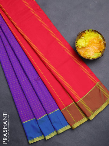 Arani semi silk saree dual shade of purple and red with allover thread weaves and rettapet zari woven border`