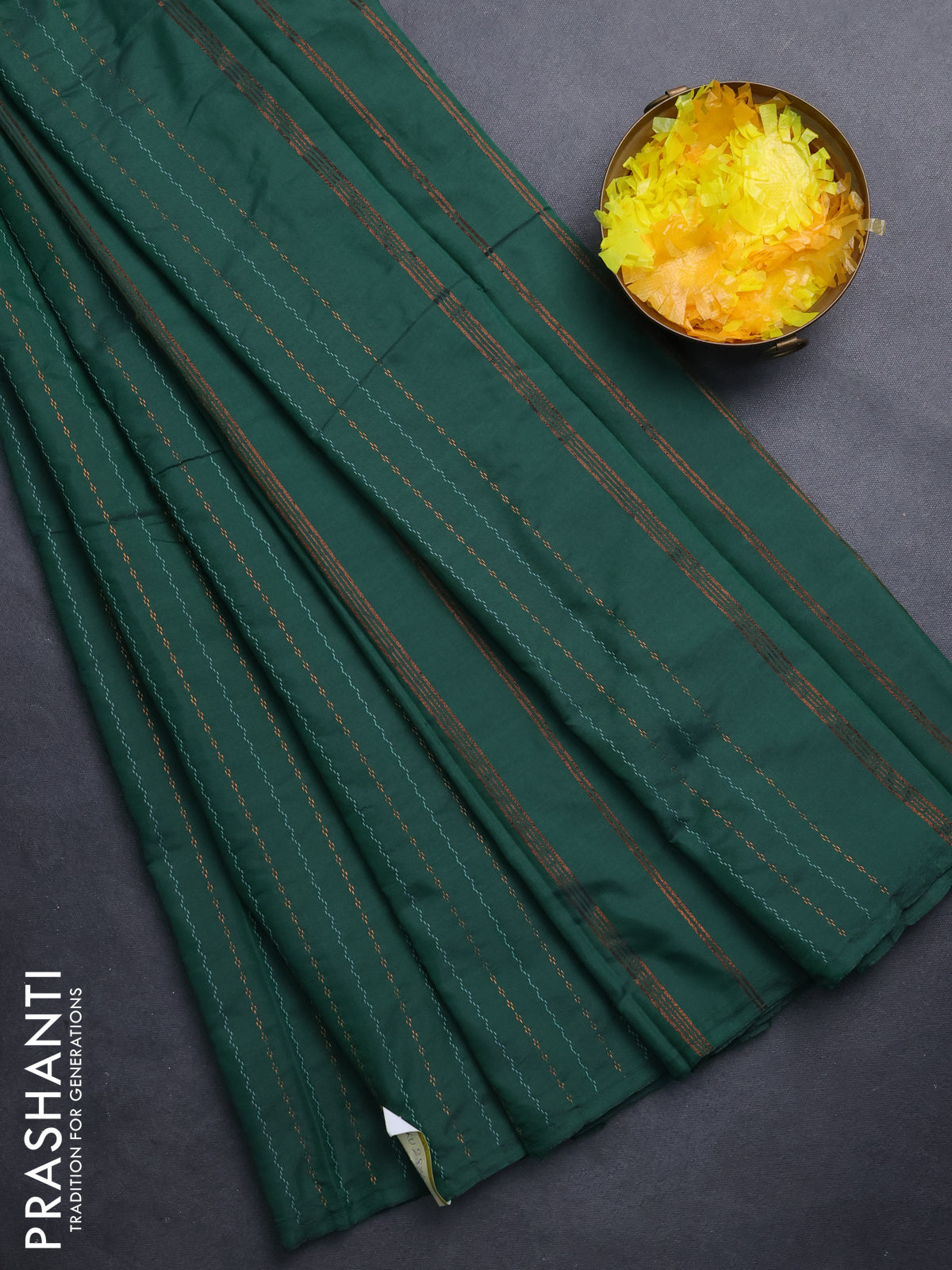 Arani semi silk saree green with thread & copper zari weaves in borderless style
