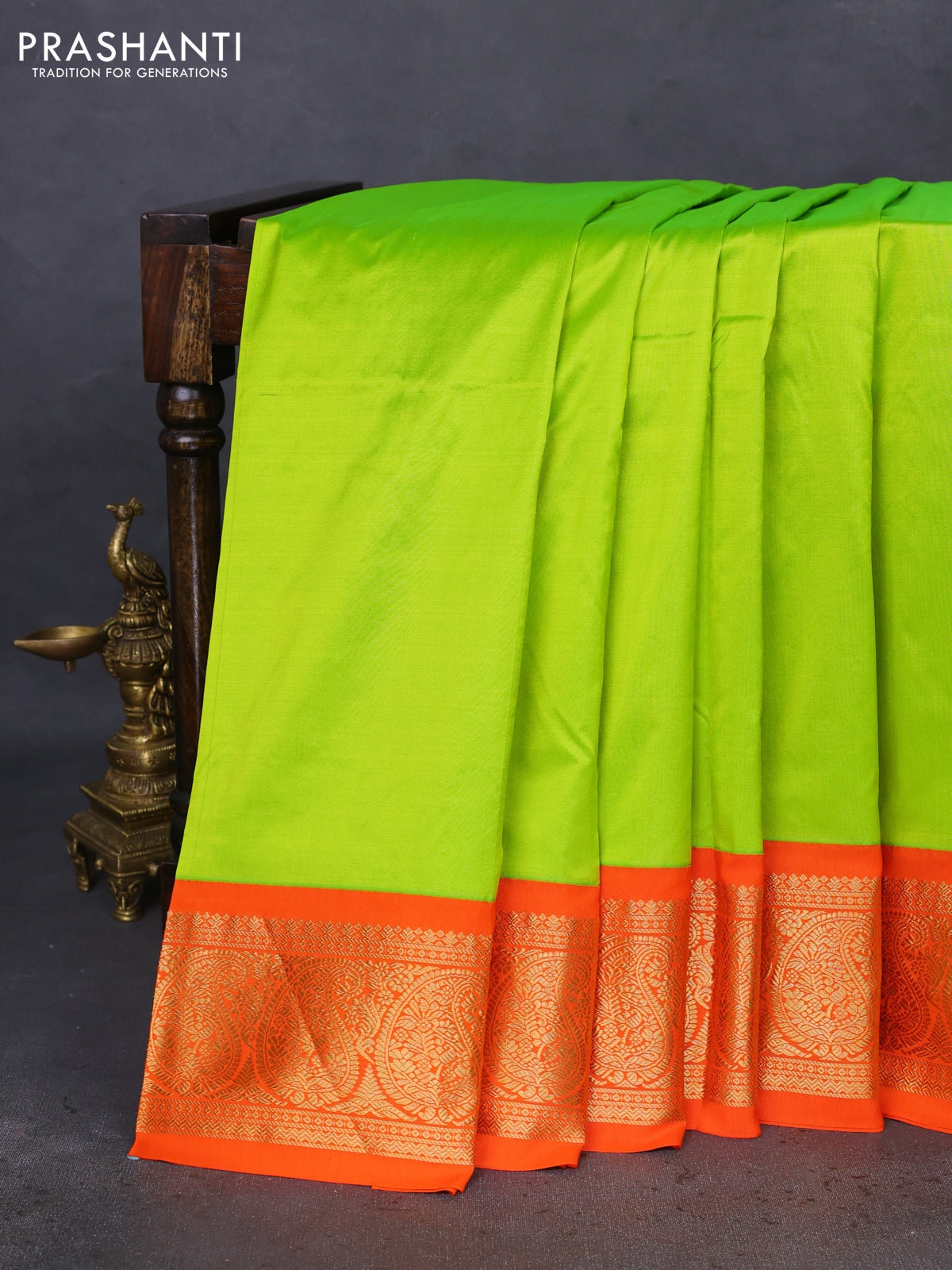 10 Yards silk saree fluorescent green and orange with plain body and zari woven border