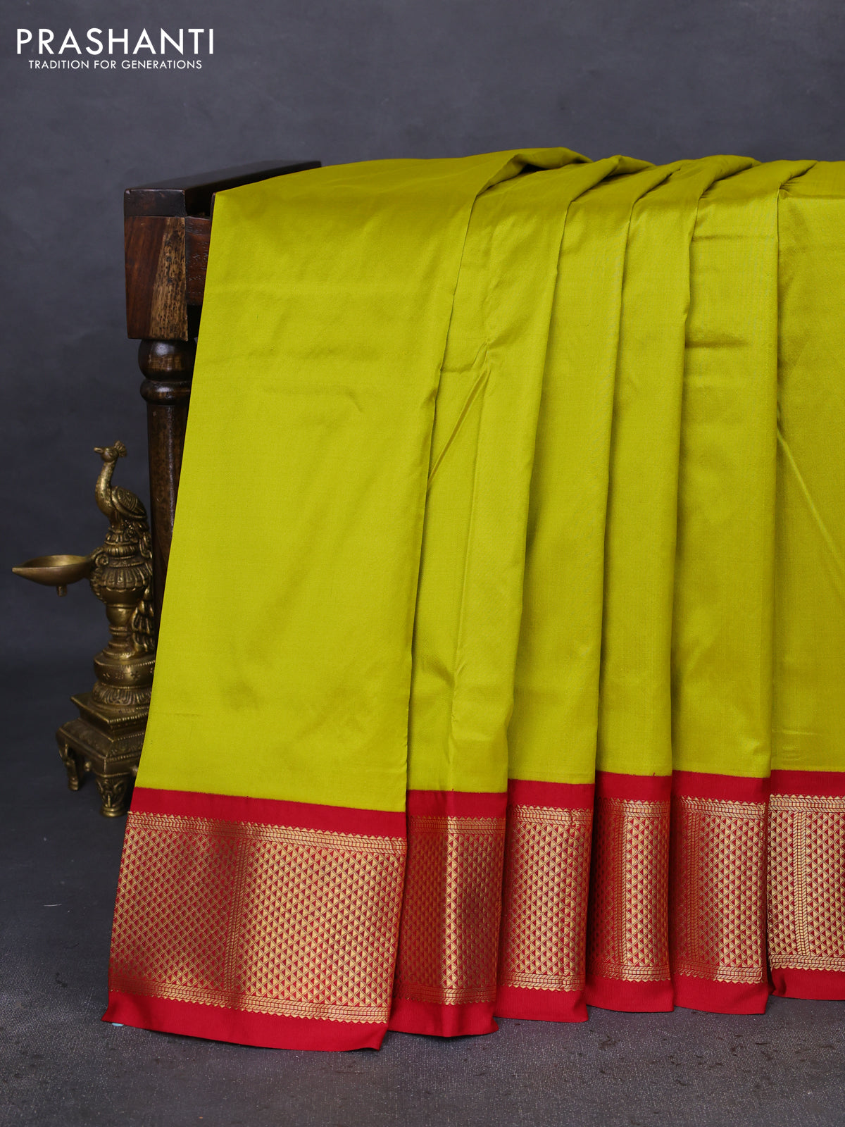 10 Yards silk saree lime green and maroon with plain body and zari woven border
