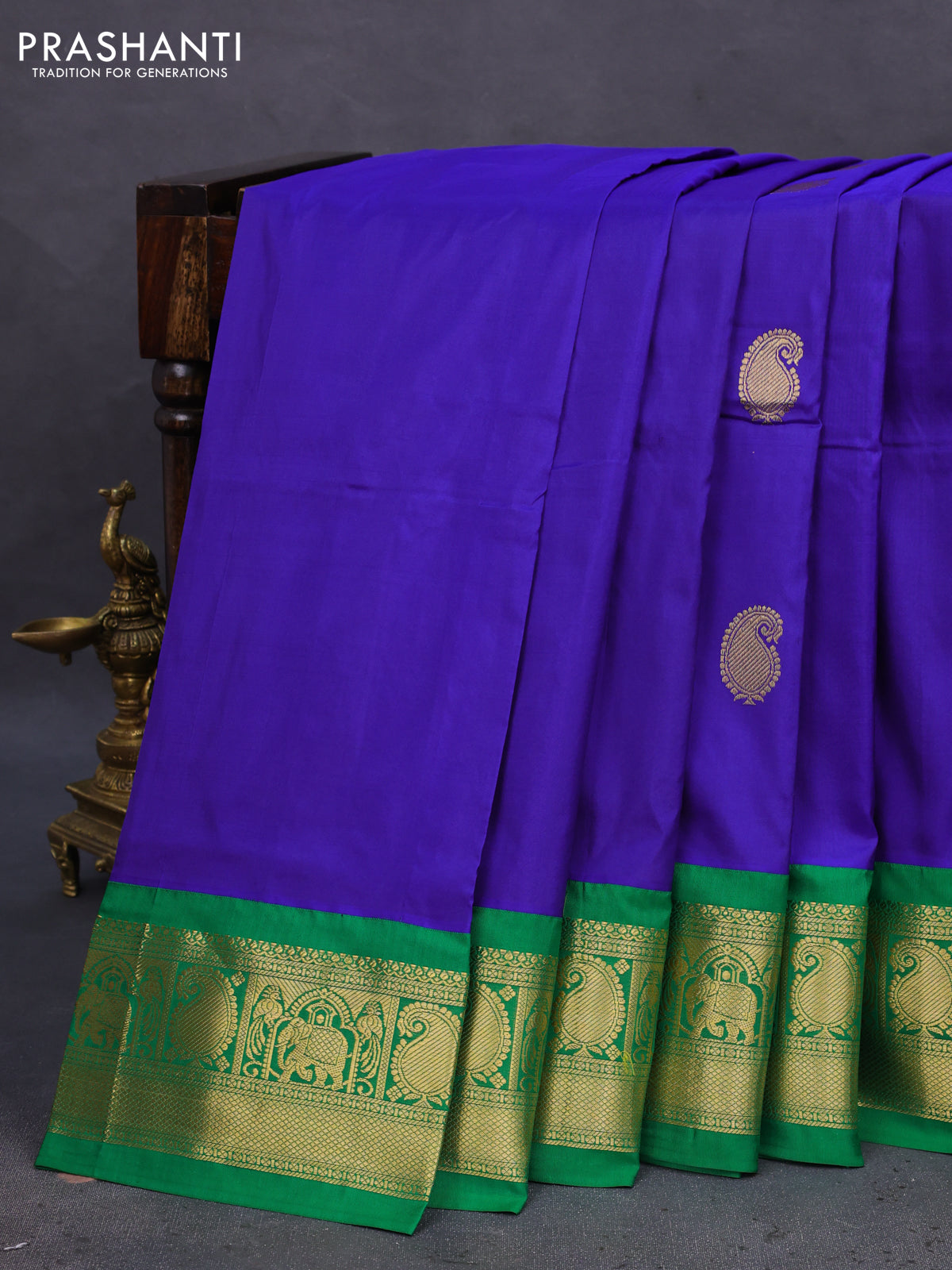 10 Yards silk saree blue and green with annam & paisley zari woven buttas and zari woven border