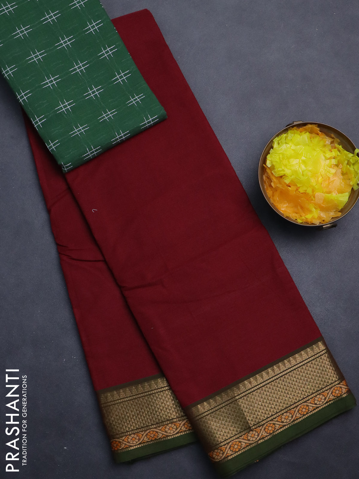 Chettinad cotton saree maroon and sap green with plain body and zari woven border