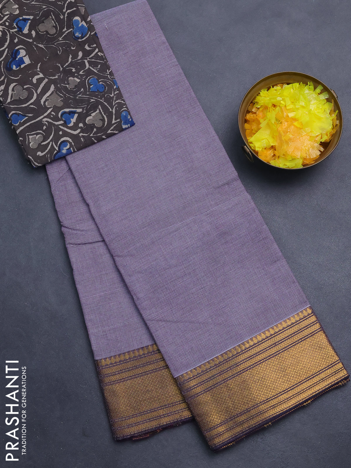 Chettinad cotton saree off white and purple with allover small checked pattern and zari woven border